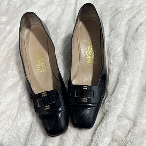 Salvatore Ferragamo Size 7.5B Vintage Black Patent Leather Square Toe Heels Shoe